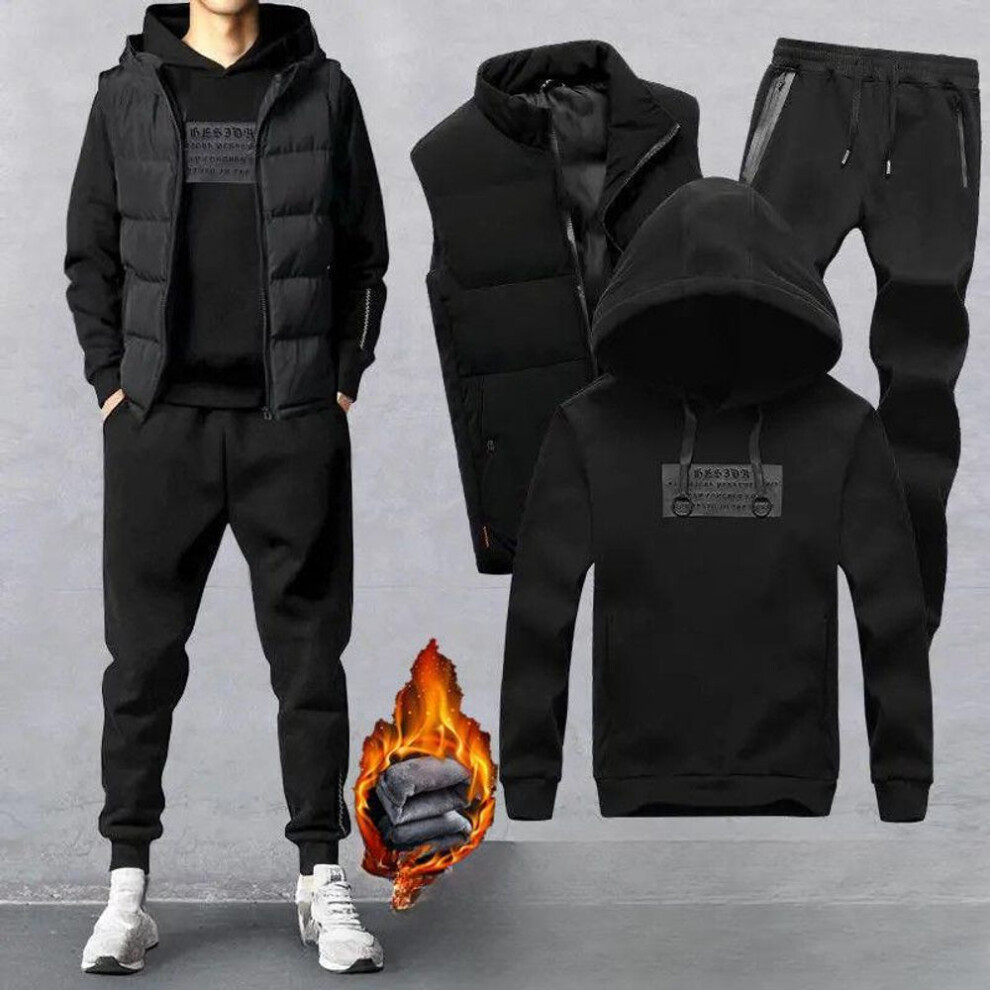 (black, XL) Autumn And Winter Sports Suit Men&apos;s Three-piece Suit Hooded Sweater Plus Velvet Clothes Vest Jacket Pants Sports Suit Men&apos;s Suit