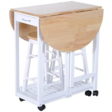 Kitchen Dining Table and Chairs Small Folding Set Drop Leaf Breakfast 3pc Wooden Space Saving Wheels 2 Stools Cafe Compact Bar Pub Furniture