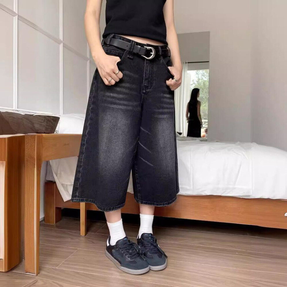 (black, XXXXL) Retro Y2k Baggy Jorts Women Men Low Waist Cropped Black Jeans Acubi Distressed Frayed Denim Casual Wide Pants