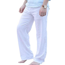 (L, White) Men's Linen Trousers Casual Summer Beach Pants for Yoga, Gym, Office & Outdoor