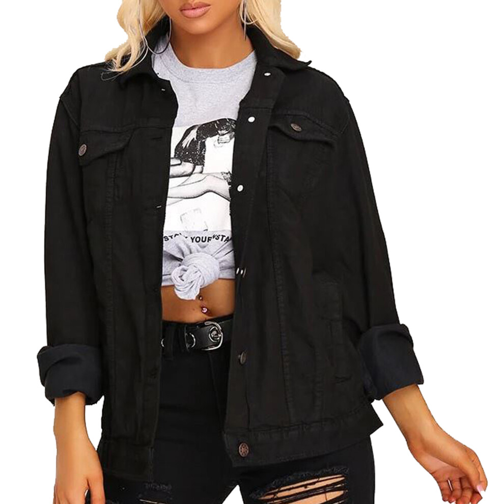 (Black, S) Womens Oversized Denim Jacket Boyfriend Button