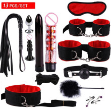 (red, 13pcs) Nipple Plugs Anal Vibrator Handcuffs Mask Vibration Set
