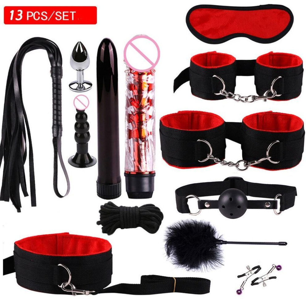 (red, 13pcs) Nipple Plugs Anal Vibrator Handcuffs Mask Vibration Set