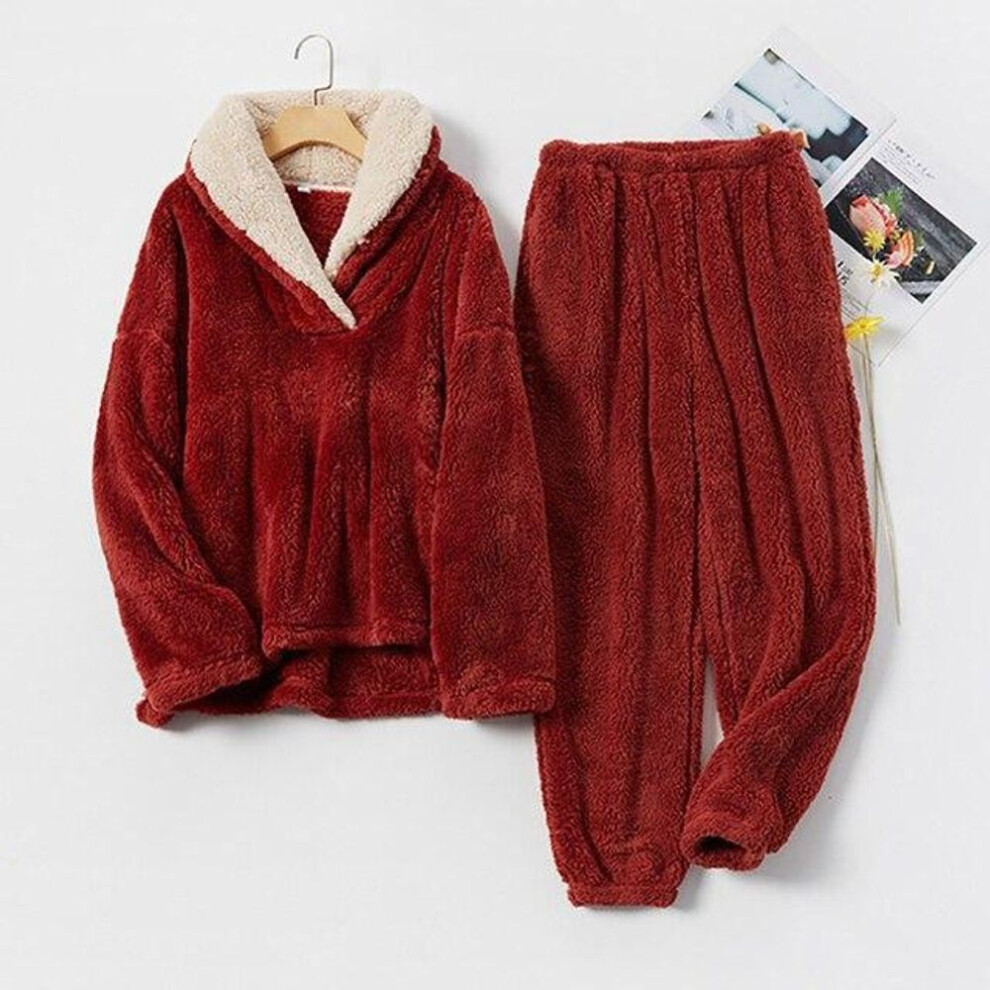 (M, as the picture) Fleece Pajama Set Women&apos;s Solid Long Sleeve Winter Terry Ladies Pijama Suit 2 Pcs With Long Pants Thick Warm Home Clothes Female