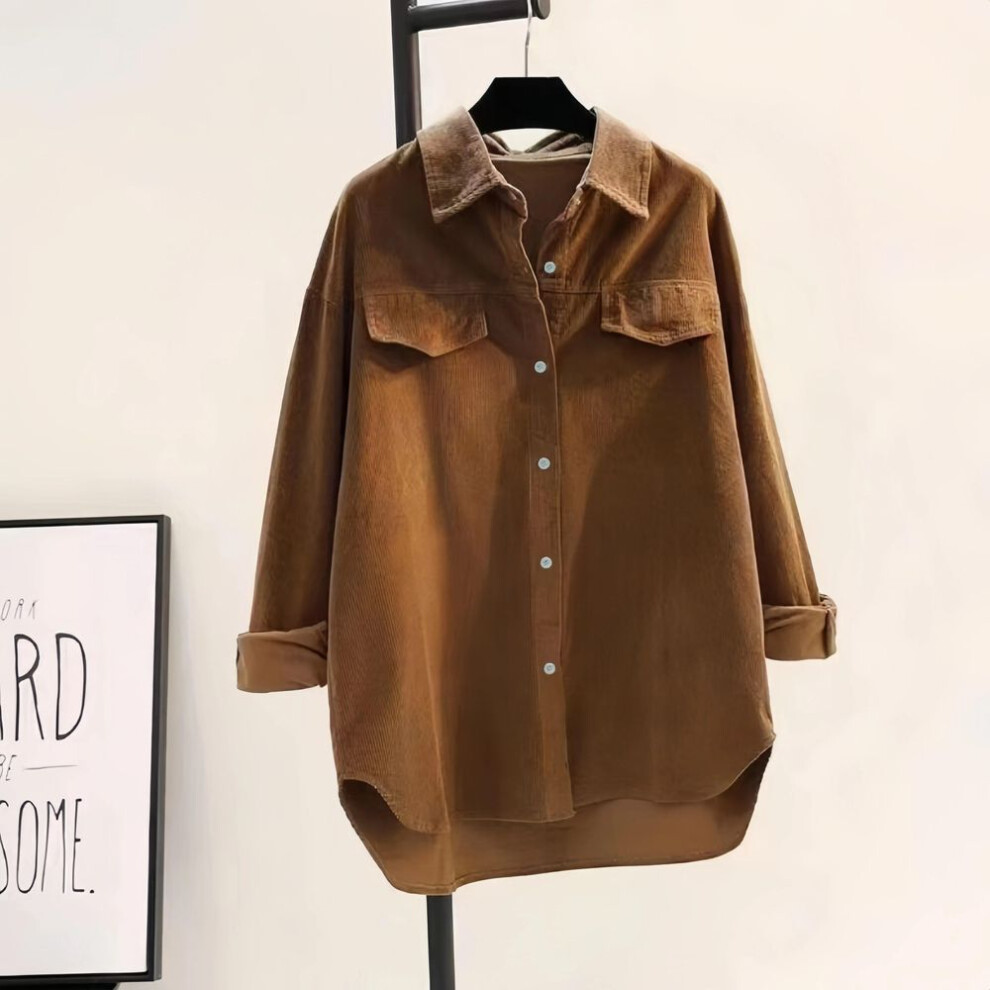(8XL, brown) Women&apos;s Spring Solid Color Shirt Corduroy Shirt Double Pocket Thick Shirt Cardigan Button Polo Collar Long Sleeve Tops