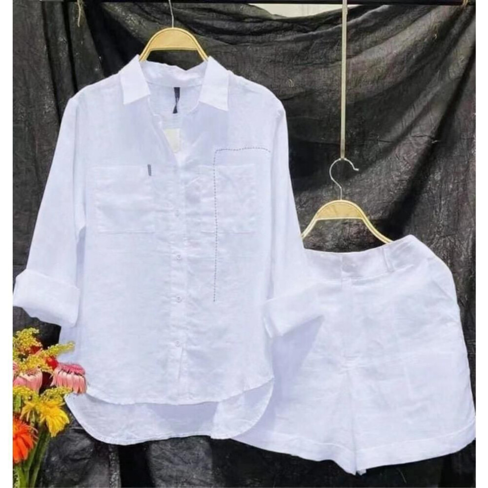 (white, 2XL) Fashion Long Sleeve Shirt And Shorts Two Piece Sets Women  Summer Cotton Linen Casual Home 2 Piece Set For Women