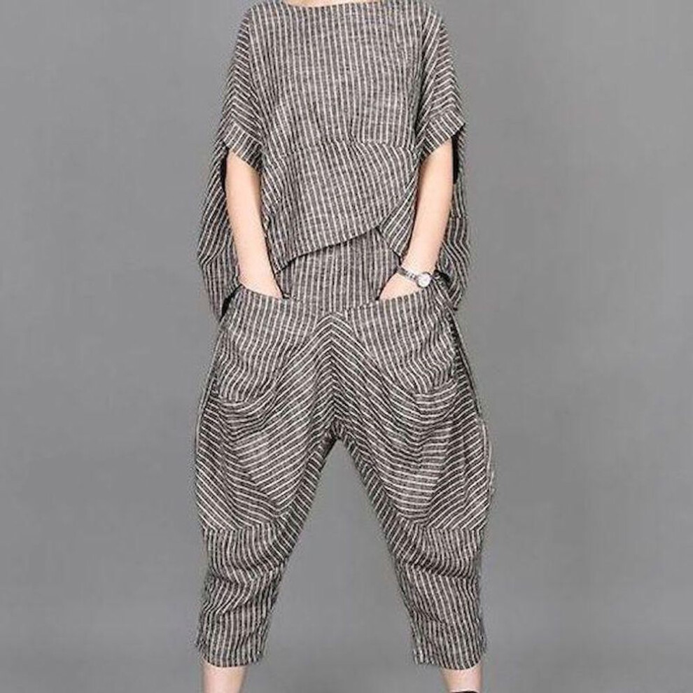 (grey, XXXL) Summer  Women&apos;s Suits Retro Art Stripe Short Sleeve T-shirt Loose Top Women&apos;s Knickerbockers Casual Pants Two Piece Sets