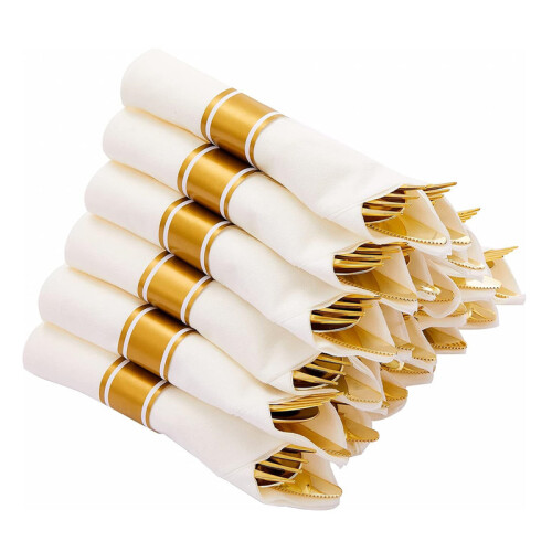 10 Pack Pre Rolled Disposable Gold Plastic Silverware Set with Napkins