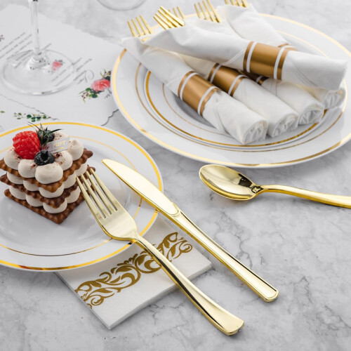 10 Pack Pre Rolled Disposable Gold Plastic Silverware Set with Napkins 2