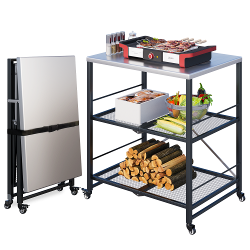 YODOLLA Foldable Stainless Dining Cart with Wheels Movable BBQ Stand