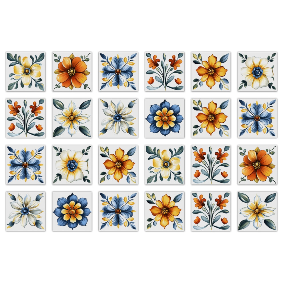 (Nhz16, 10X10cm) 24 Pcs Morocco Floral Tile Stickers Self-Adhesive Peel And Stick Tile Backsplash Botanical Wall Stickers For Kitchen Bathroom 6915070994804