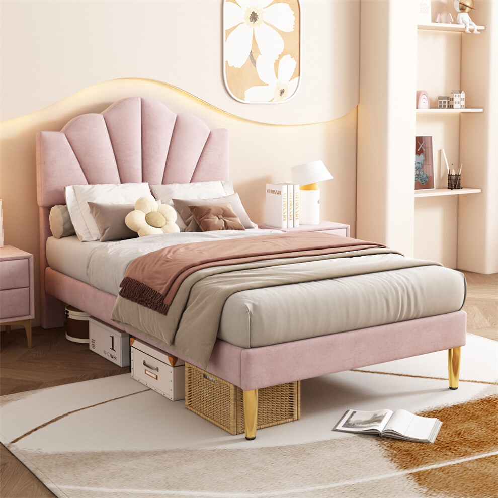 Abrihome (, 3Ft) Velvet Upholstered Bed, Wooden Slatted Frame Pink