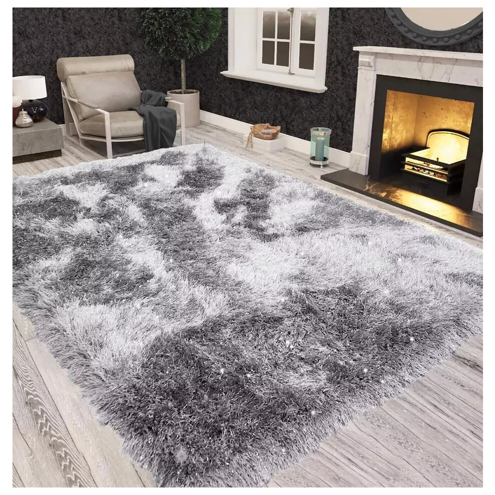 (Silver) Non Slip Extra Large Shaggy Sparkle Living Room Carpet Rugs