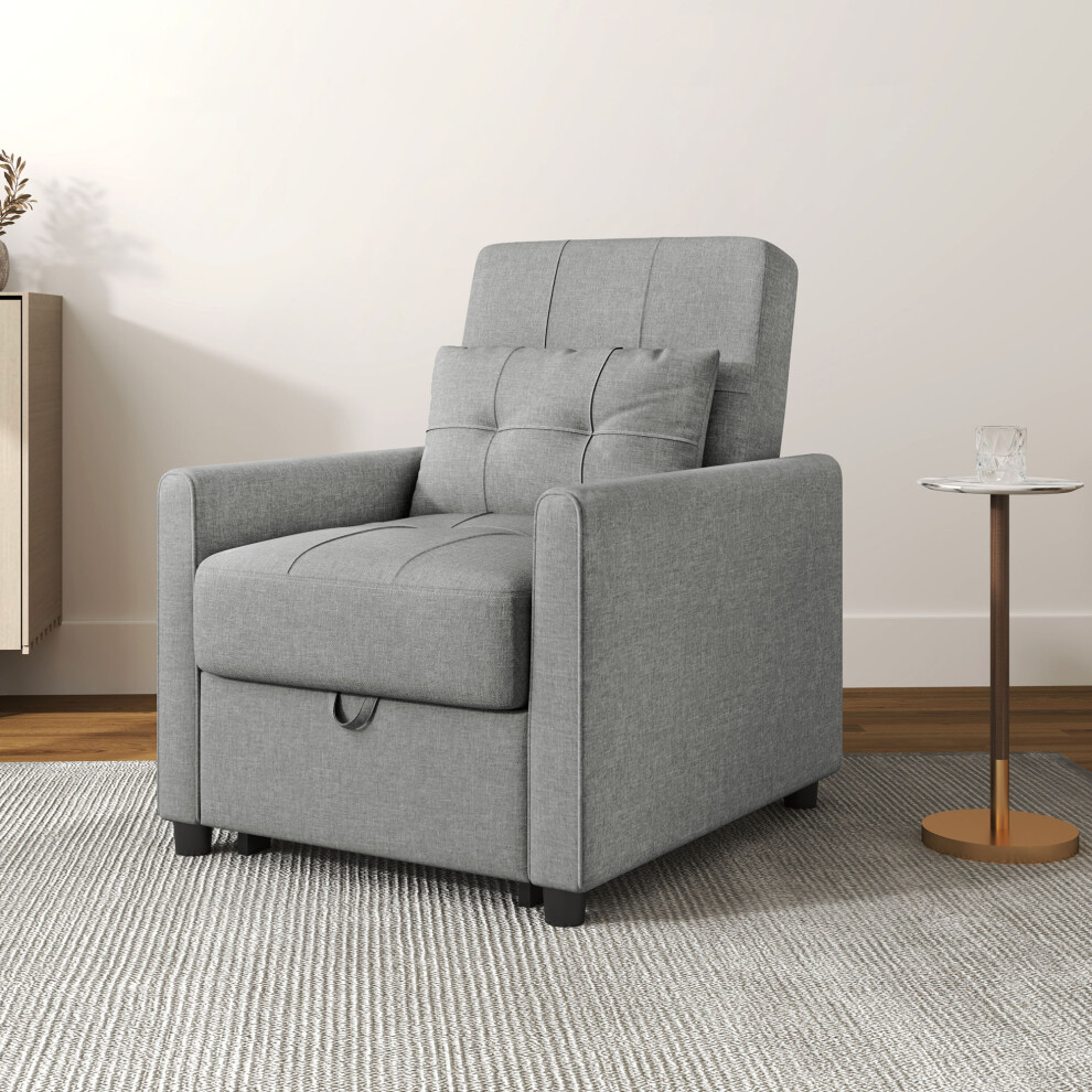 HOMCOM Pull Out Chair Bed, Sleeper Chair with Pillow, Side Pockets, Light Grey