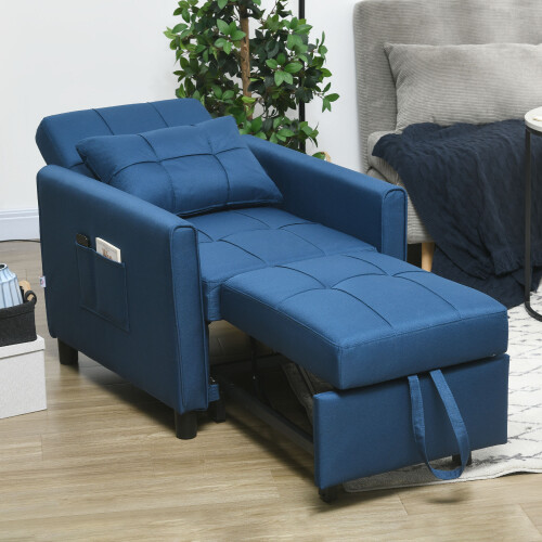 Homcom HOMCOM Pull Out Chair Bed, Sleeper Chair with Pillow, Side Pockets, Blue