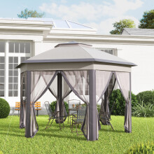 Outsunny 3x4m Hexagon Gazebo w/ Mesh Curtains Outdoor Garden, Beige