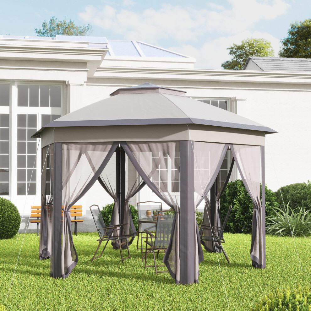 Outsunny 3X4m Hexagon Gazebo W/ Mesh Curtains Outdoor Garden, Beige