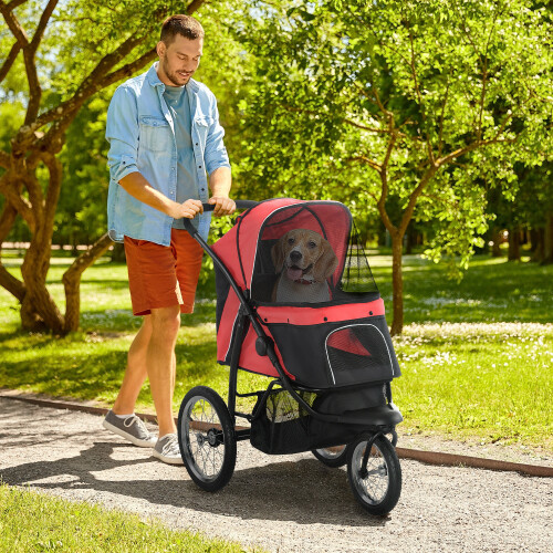 PawHut PawHut Three-Wheel Pet Stroller, for Medium, Small Dogs, Foldable Cat Pram - Red