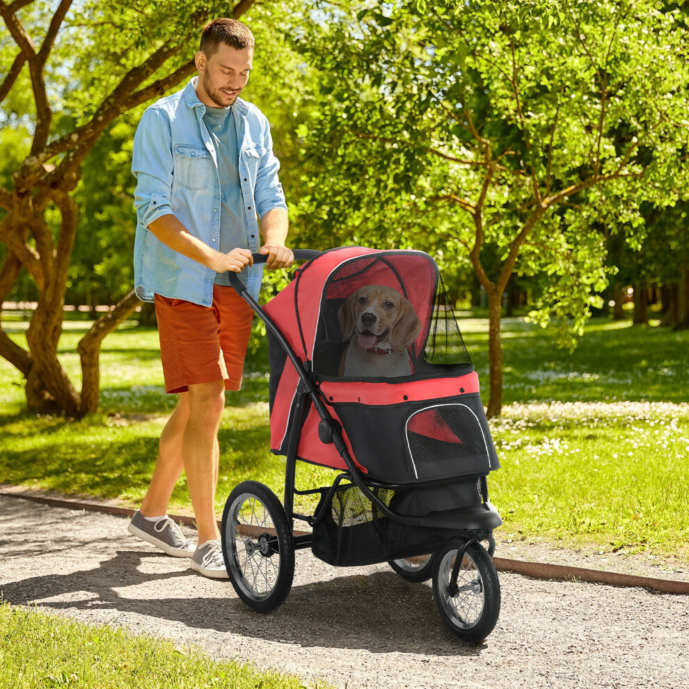 Pawhut Three-Wheel Pet Stroller, For Medium, Small Dogs, Foldable Cat Pram - Red
