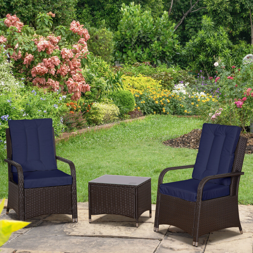 Outsunny Rattan 3Pcs Chair Table Bistro Set Patio Set W/ Steel Frame Blue