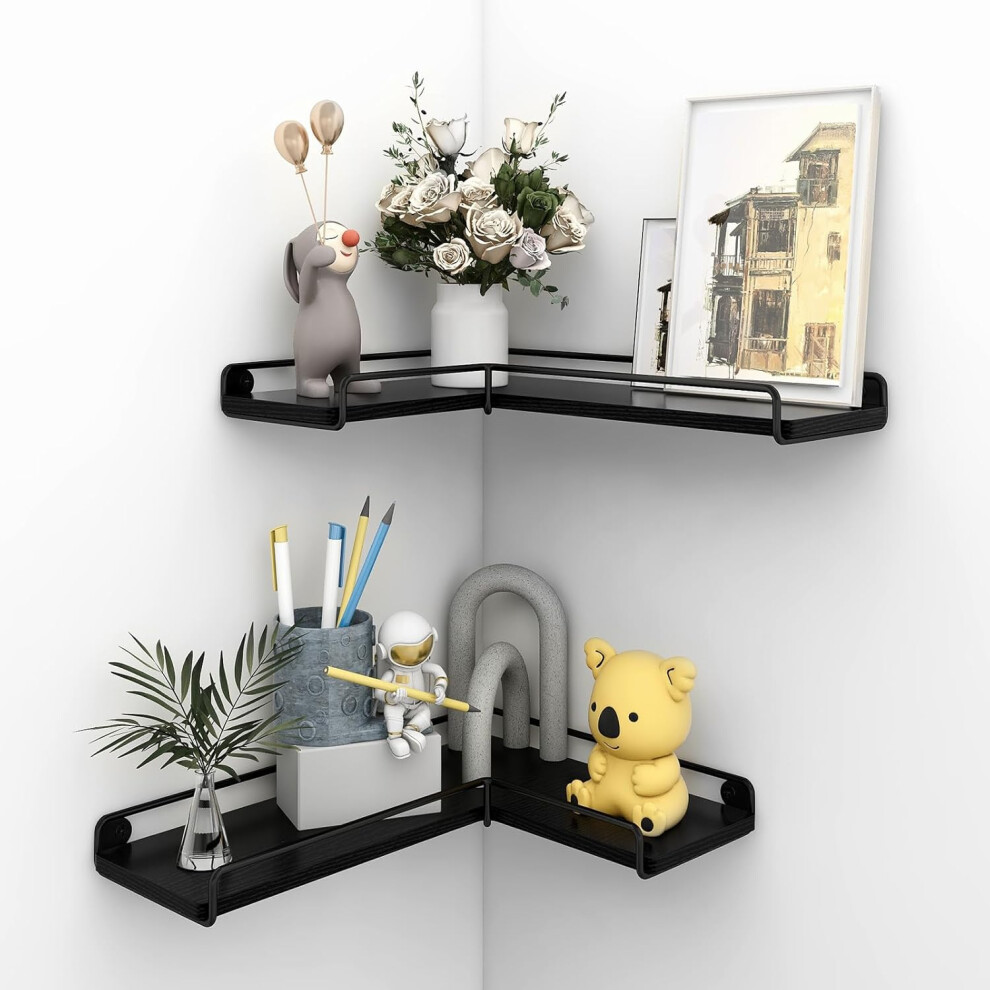 2x Corner Floating Shelves Rustic Wooden Wall-Mounted Shelves (Black)
