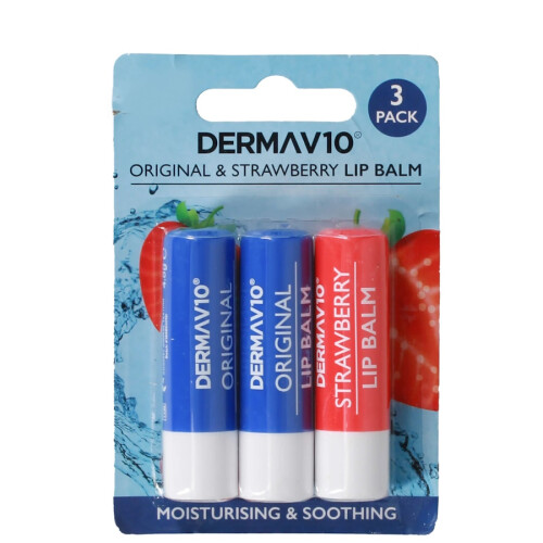 Derma V10 Pack Of 3 Original & Strawberry Moisturising Lip Balm For Dry Lips