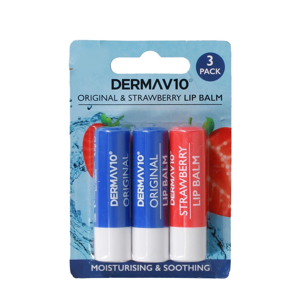 Healthpoint Derma V10 Pack Of 3 Original & Strawberry Moisturising Lip Balm For Dry Lips