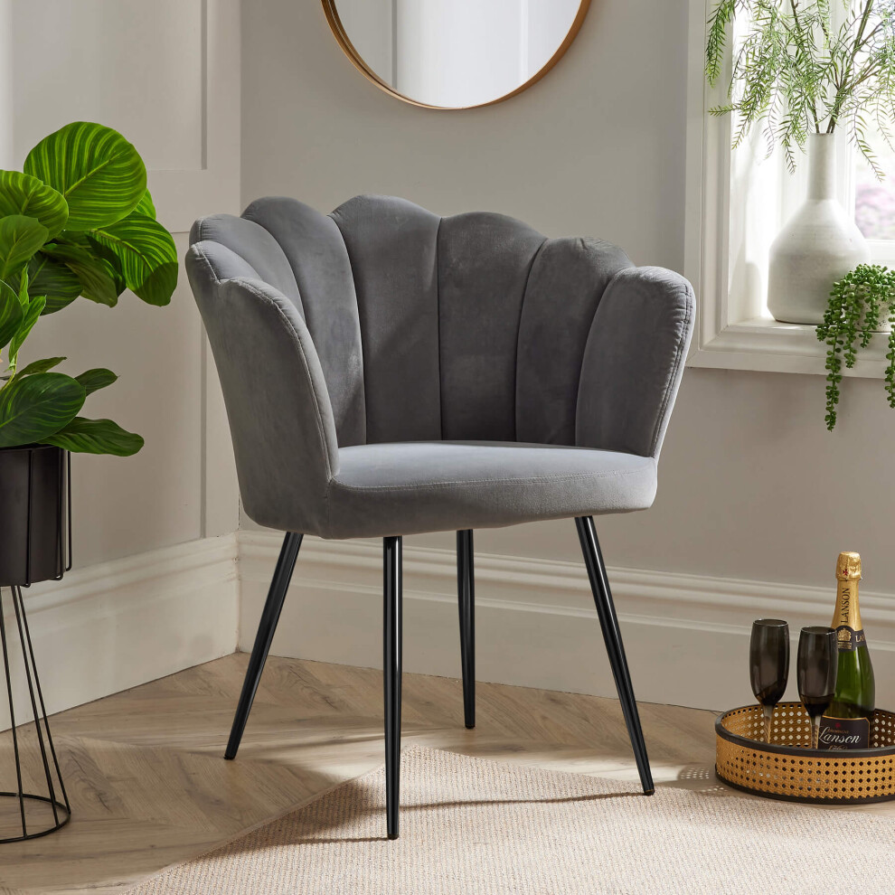 Grey Boucle Fabric Scallop Shell Chair Wing Back Armchair Gold Legs