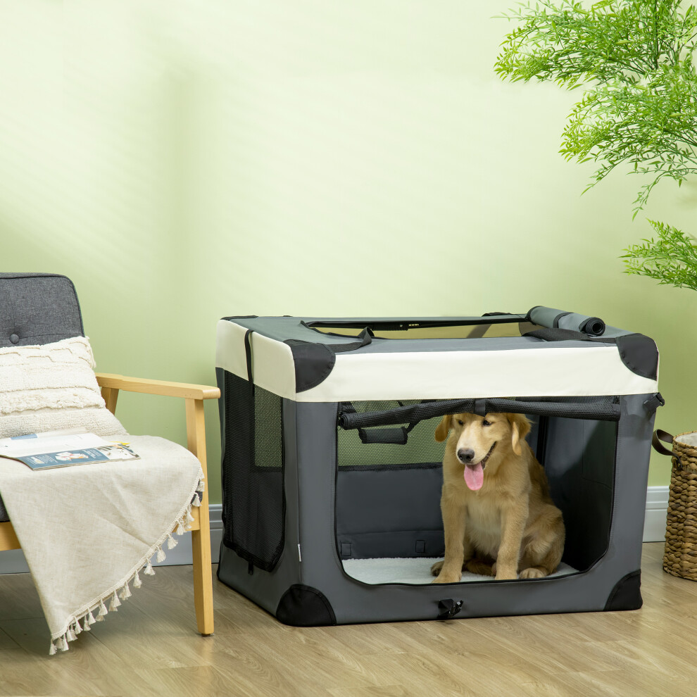 Pawhut 91Cm Foldable Pet Carrier Bag Soft Travel Dog Crate For Large Dogs Grey
