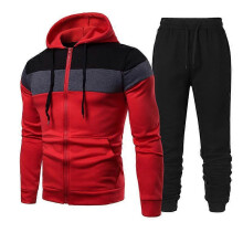 (M)2024 Spring and Autumn Men's Fashion Color blocked Splicing Set Hooded Running Outdoor Sports Set Men's Sweatshirt Red
