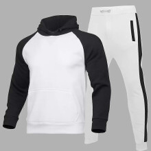 (XL)Autumn and winter men's color blocked hooded and velvet sweatshirt set, fashionable casual sports set, white 2