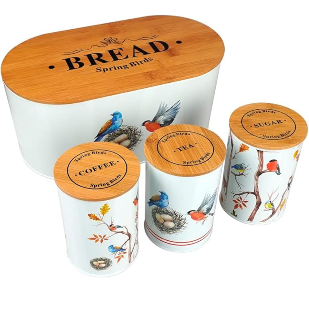 Sixsigma Sports (Spring Birds) 4-Piece Kitchen Storage Set Tea, Coffee & Sugar Canisters With Bread Bin Airtight Bamboo Lids