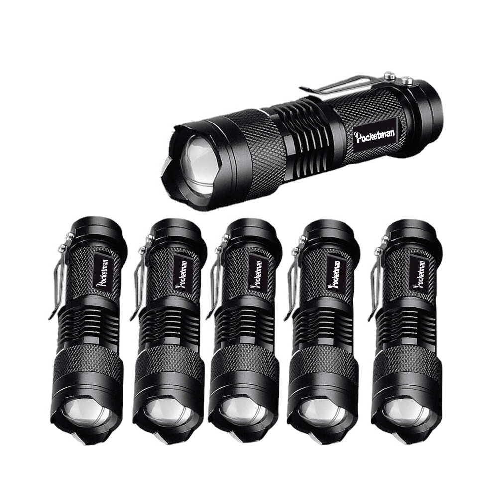 (Black) Powerful Tactical Flashlights Portable LED Camping Lamps 3 Modes Zoomable Torch Light Lanterns Self Defense 6pcs