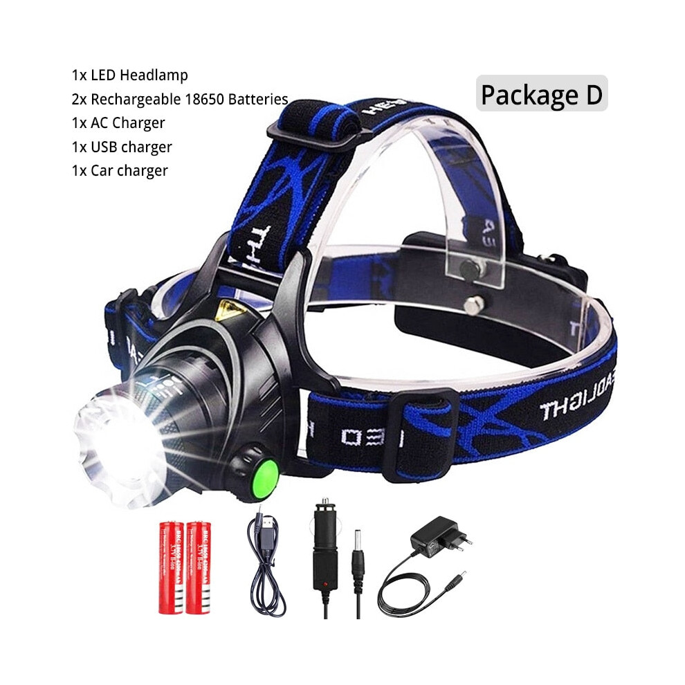 (T6-10000 Lumen, Package D) Powerful LED Headlamp USB DC Charging Headlight Waterproof Head Lamp Use 18650 Battery Zoomable Head Light for Camping-image-OPC-PFZMFJ7-NEW