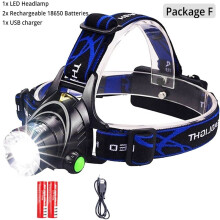 (T6-10000 Lumen, Package F) Powerful LED Headlamp USB DC Charging Headlight Waterproof Head Lamp Use 18650 Battery Zoomable Head Light for Camping