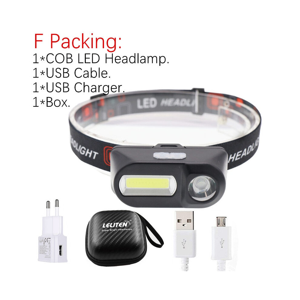 (F Packing, No Battery) Portable mini XPE+COB LED Headlamp USB Rechargeable Camping Head lamp Fishing headlight flashlight torch