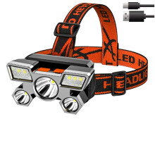 (Orange) 5LED with Built-in 18650 Battery USB Rechargeable Portable Flashlight Lantern Torch Headlamp Outdoor Camping Headlight fishing
