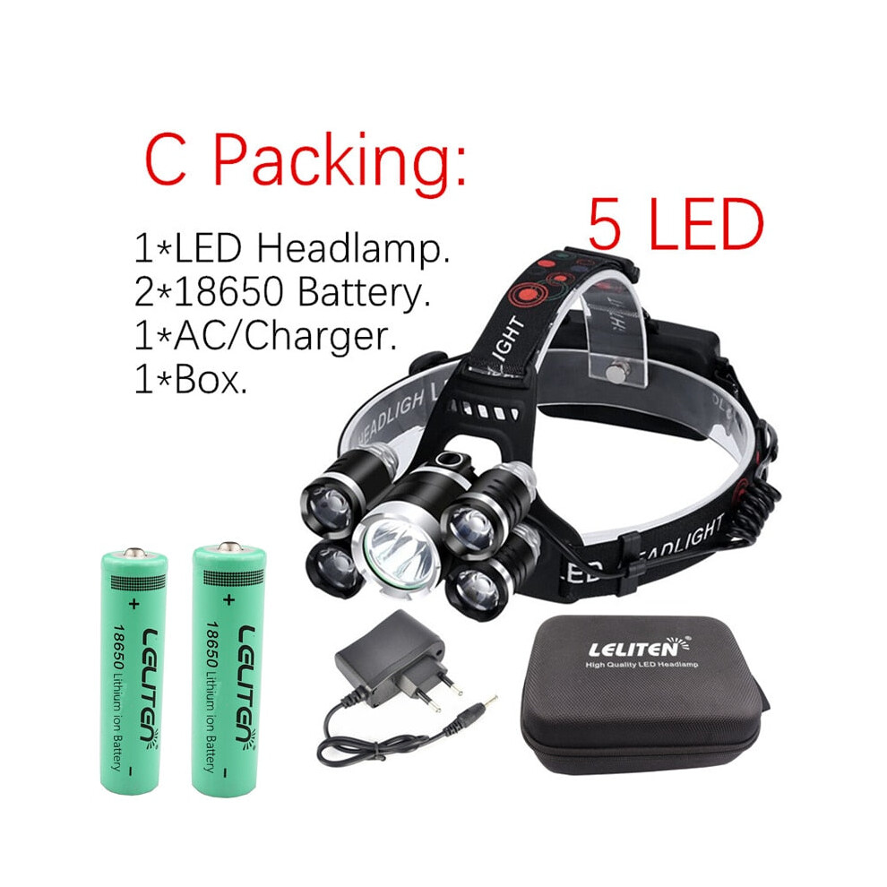 (No Zoom, C Packing -5LED) Rechargeable Zoom Led Headlamp Fishing Headlight Torch Hunting Head Lamp Camping Headlamp Flashlight Head Light