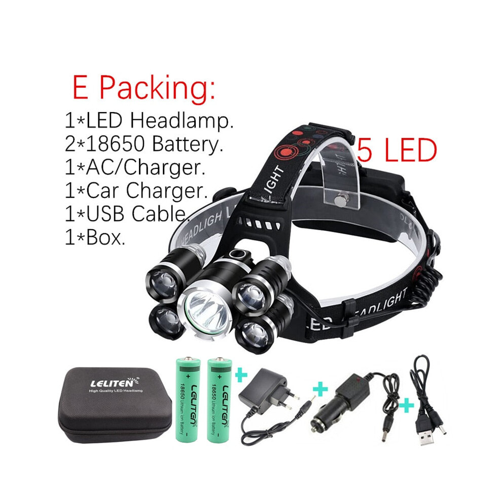 (Zoom, E Packing -5LED) Rechargeable Zoom Led Headlamp Fishing Headlight Torch Hunting Head Lamp Camping Headlamp Flashlight Head Light