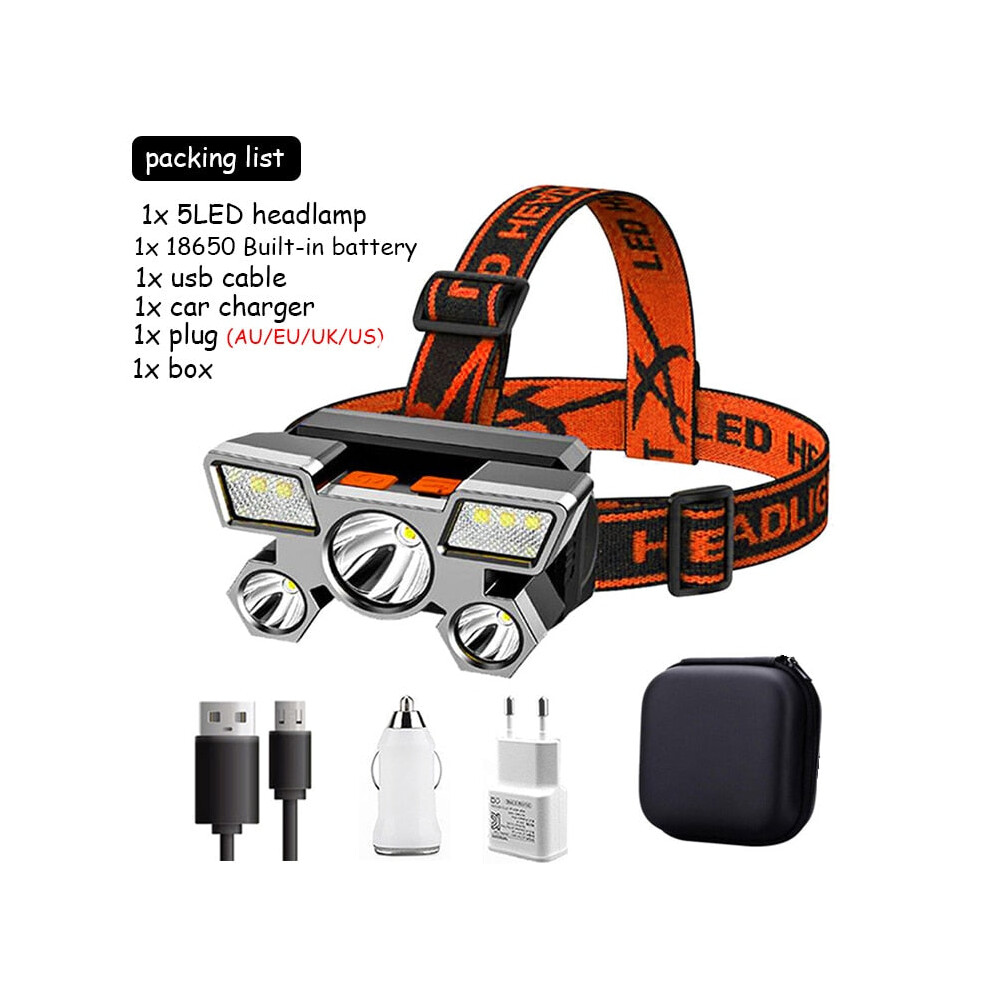 (H Packing) 5LED with Built-in 18650 Battery USB Rechargeable Portable Flashlight Lantern Headlamp Outdoor Camping Headlight Headlamps