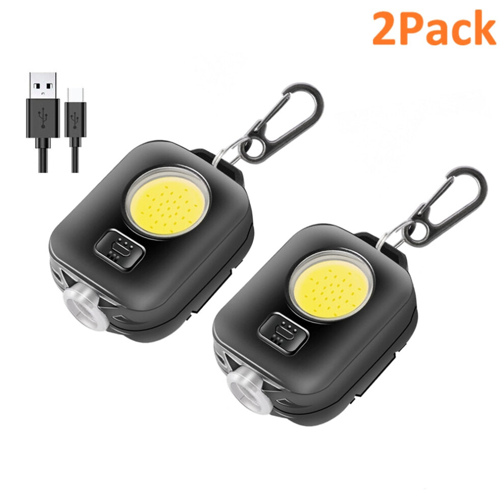 (2 pack Black) Mini LED Keychain Flashlight Ultra Bright COB Key Ring Torch Light Rechargeable 500mAh Battery Pocket Light For Outdoor Camping