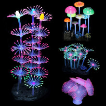 4 Pakjes Aquarium Lichtdecoraties, Aquariumdecoraties met Simulatie Paddenstoel Koraal en Veren Koraal, Siliconen Decoratie voor Viskom