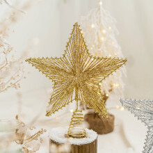 Gold Glitter Iron Christmas Tree Star, Christmas Tree Star Decorated with Christmas Ornaments, 13.7 Inches