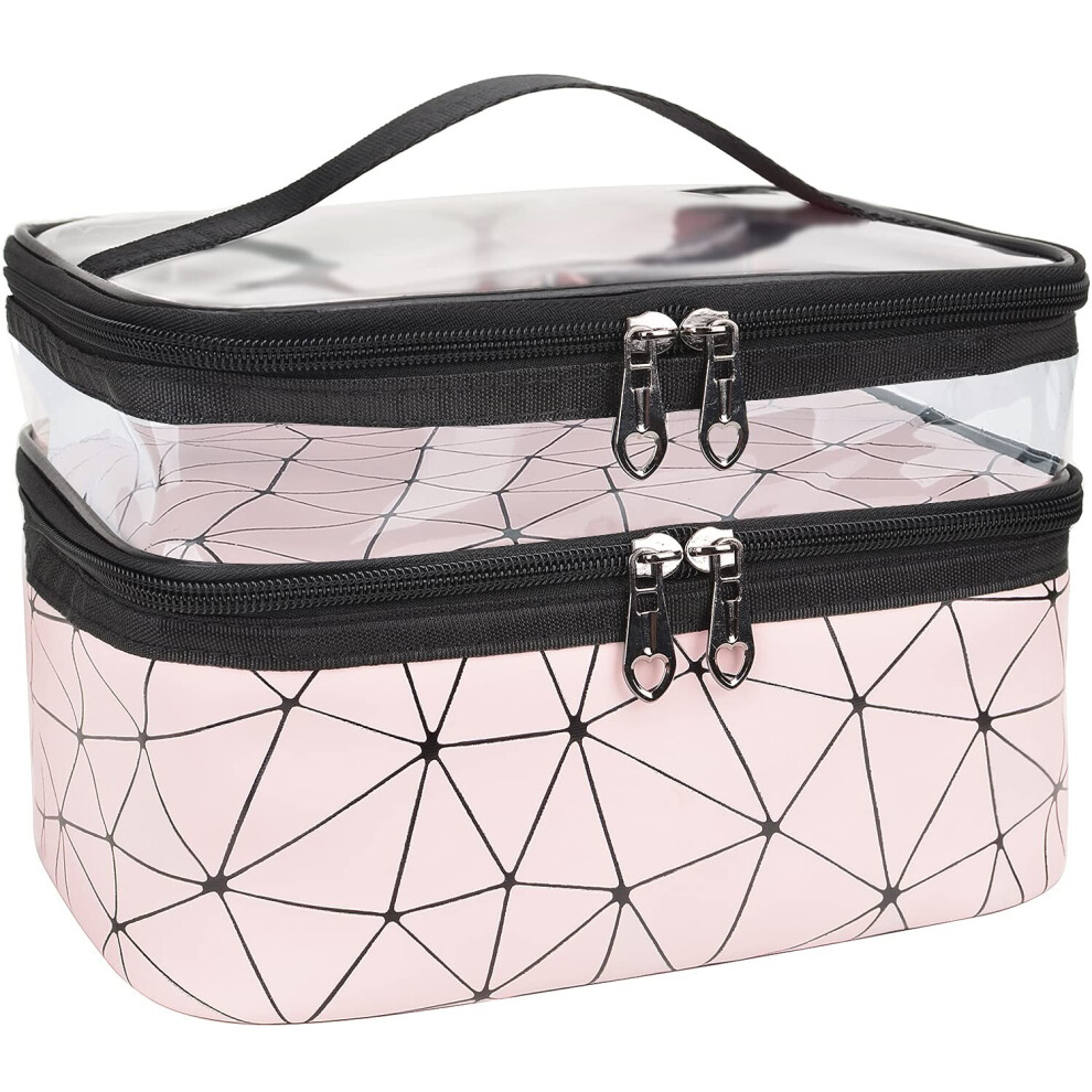 Nydia Pink Makeup Bags Double Layer Travel Cosmetic Cases Make Up Organizer Toiletry Bags (Pink)