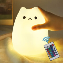 Veilleuse chat, tlcommande silicone chaton veilleuse pour enfants jeunes filles rechargeable veilleuse kawaii mignon blanc