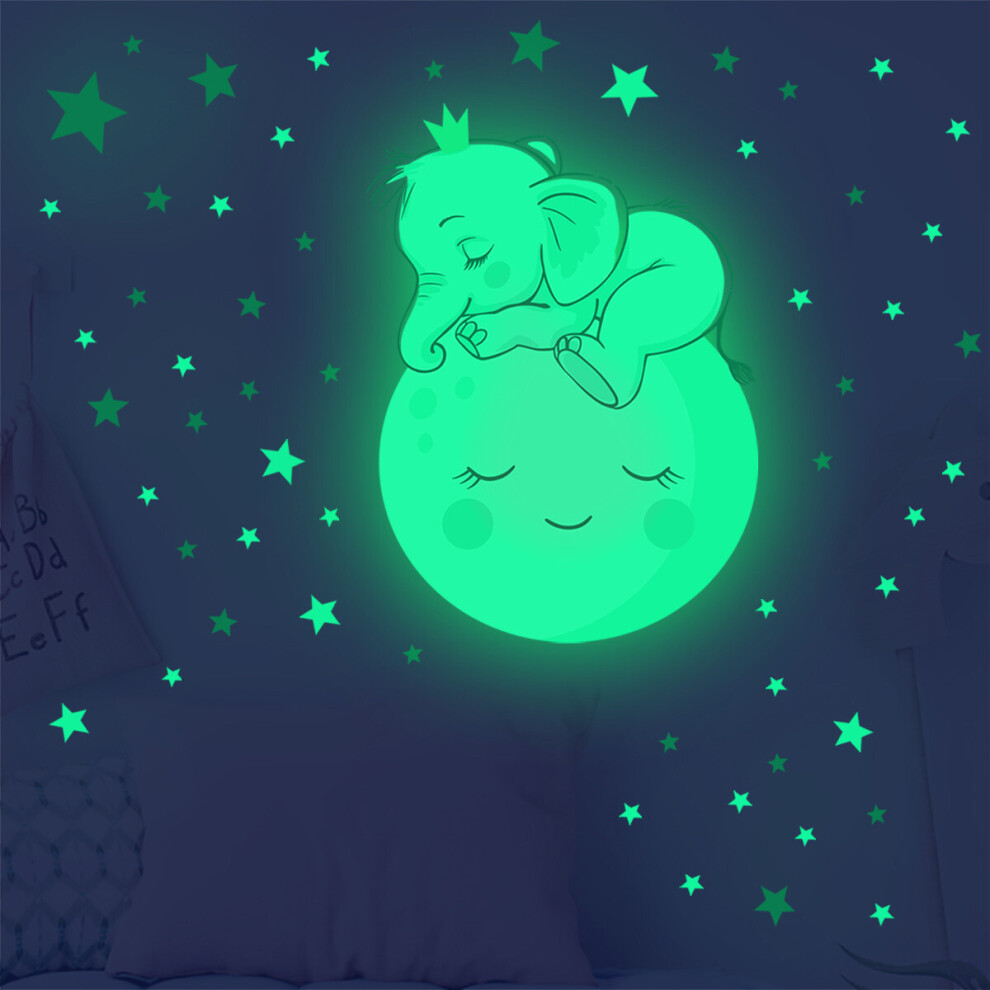 Creative luminous wall sticker Cartoon elephant moon smiling face Children's room background decorative wall sticker