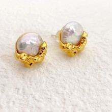 S925 Silver Needle Personality Fashion Ear Studs Female Gold Inlaid Baroque Breed Buckle Pearl Earrings