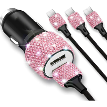 Bling Bling USB Car Charger 5V/2.4A Pink Crystal Decoration Fast Dual Port Adapter with Nylon Type C/Micro USB Charging Cable for Android, Car Interio