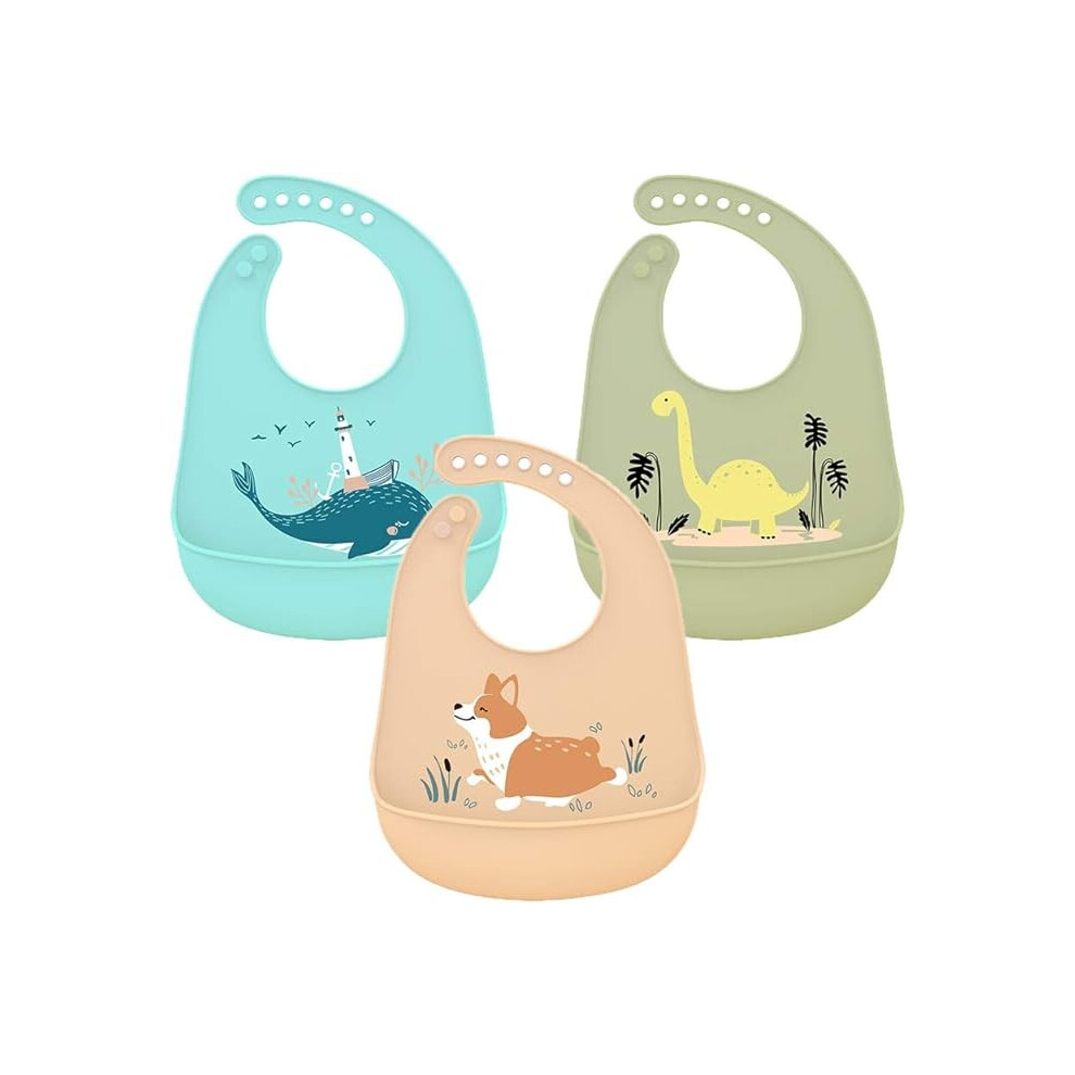 3 Pack Silicone Bib Leakproof Feeding Bib with Crumb Catcher Easily Washable Super Soft Reusable Bib for Toddlers Eating