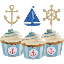 24 Pcs Pics à cupcakes pailletés Thème nautique Pics à cupcakes Pics à fruits pour décoration Party Favors